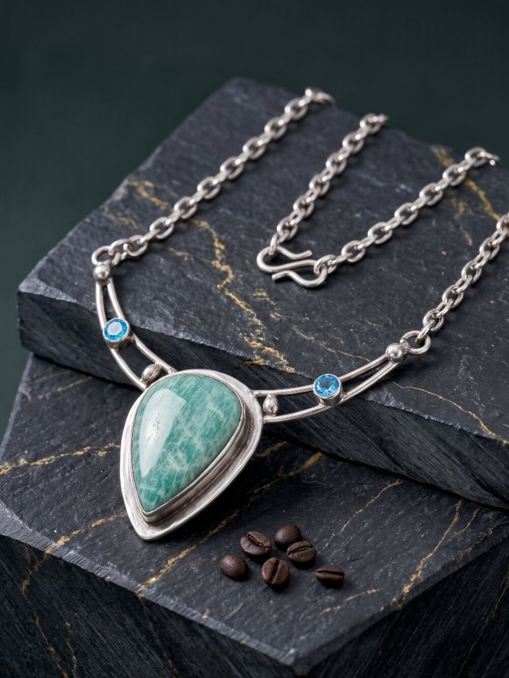 Amazonite Blue Topaz Necklace 925 Sterling Silver Statement Teardrop Boho 19.5"
